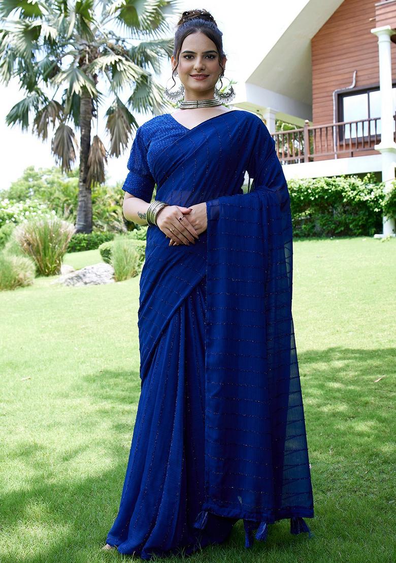 Blue Embroidered Chiffon Saree Set