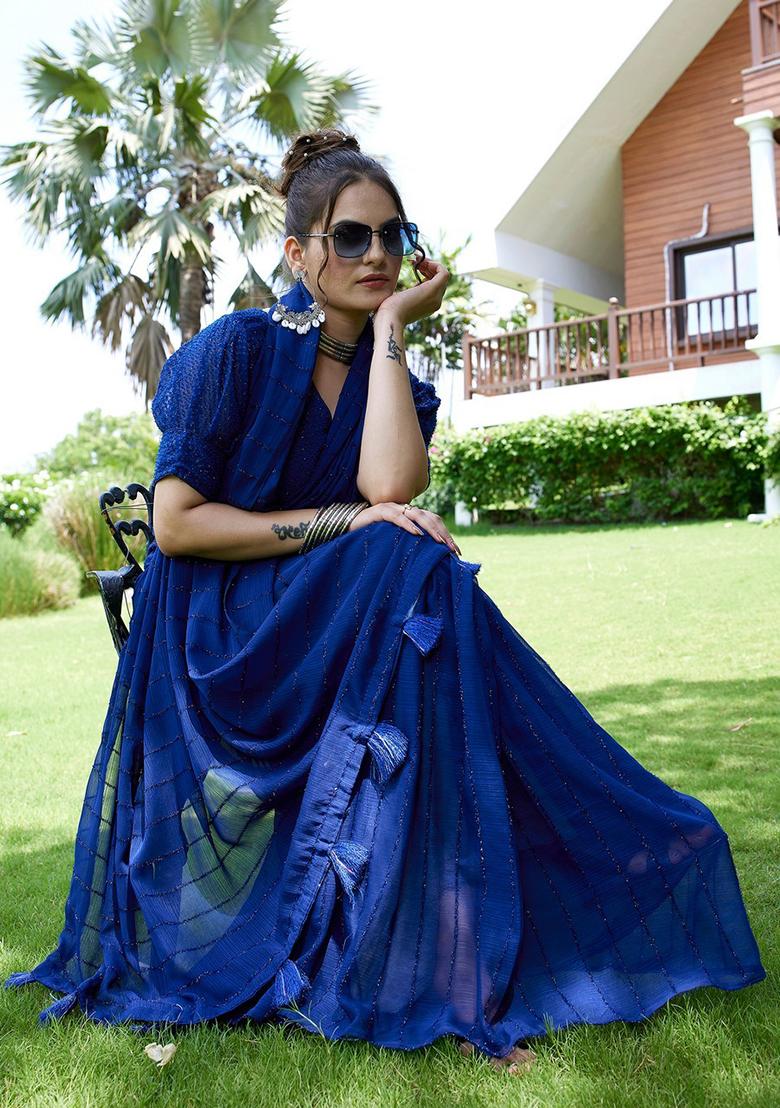Blue Embroidered Chiffon Saree Set