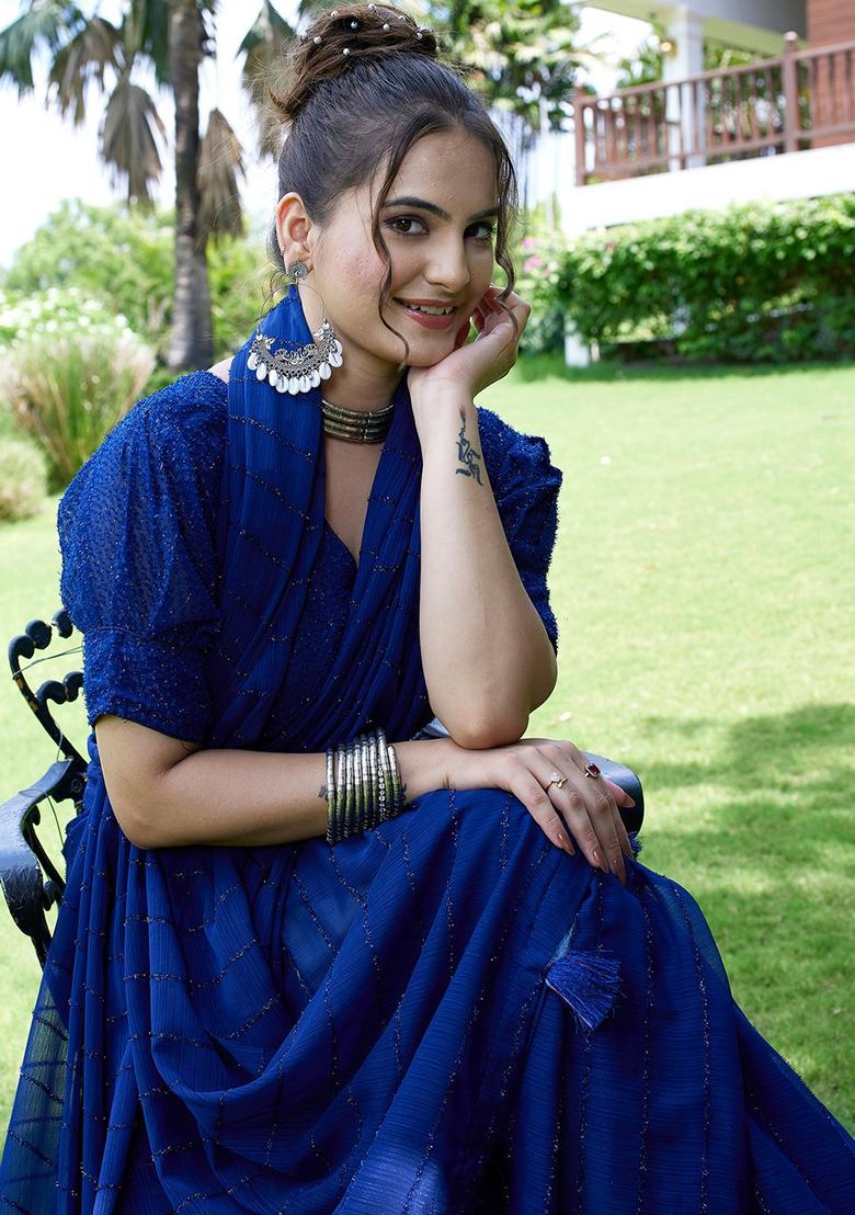 Blue Embroidered Chiffon Saree Set