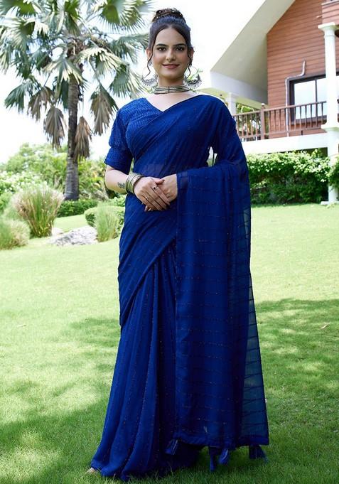 Blue Embroidered Chiffon Saree Set