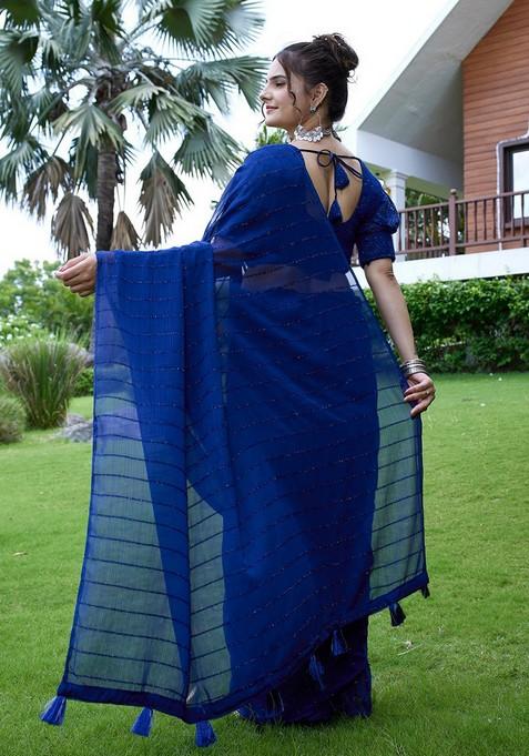 Blue Embroidered Chiffon Saree Set