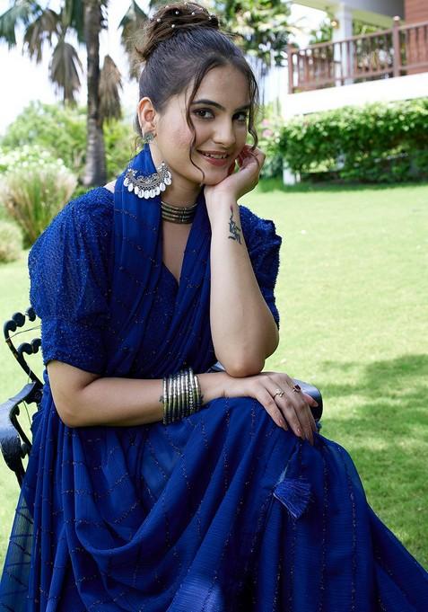 Blue Embroidered Chiffon Saree Set