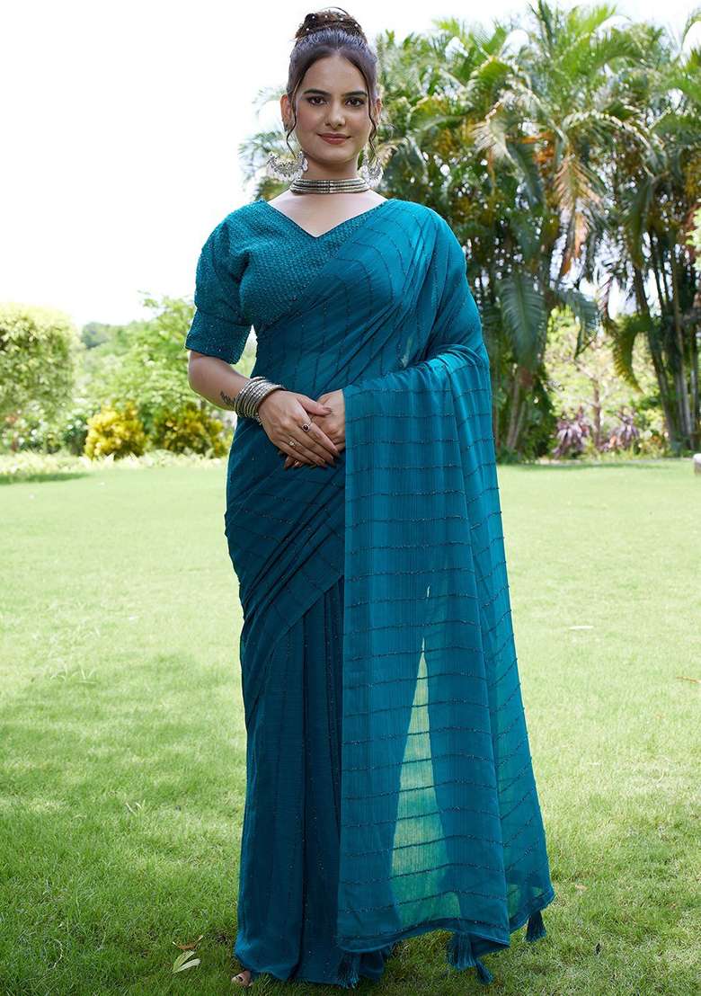 Rama Embroidered Chiffon Saree Set - Indya