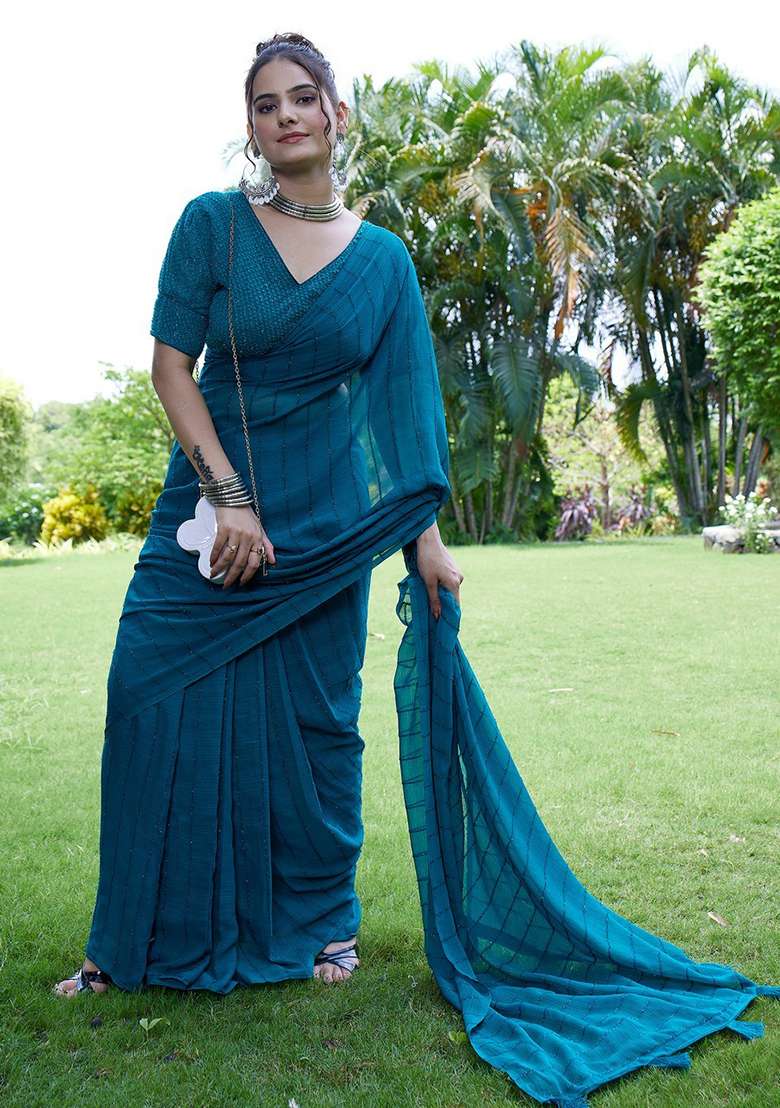 Rama Embroidered Chiffon Saree Set - Indya