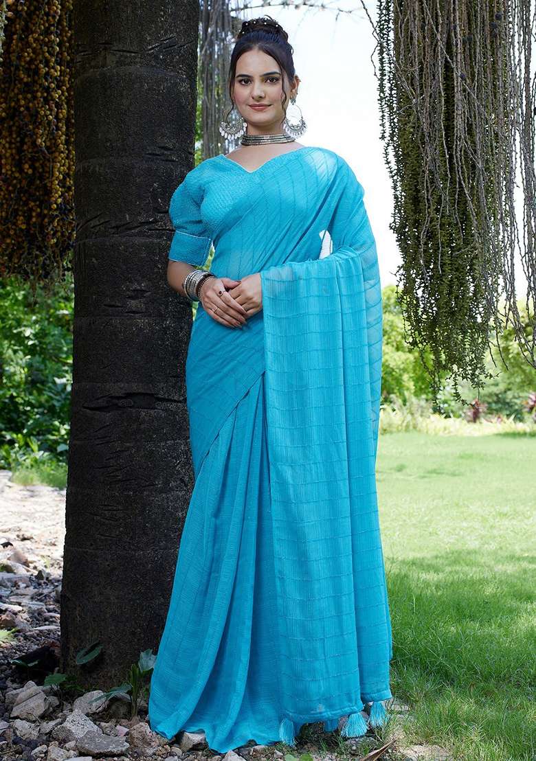 Sky Embroidered Chiffon Saree Set - Indya