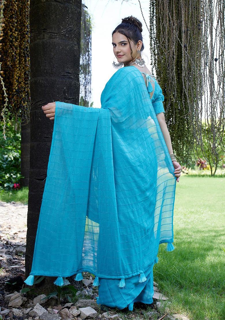 Sky Embroidered Chiffon Saree Set