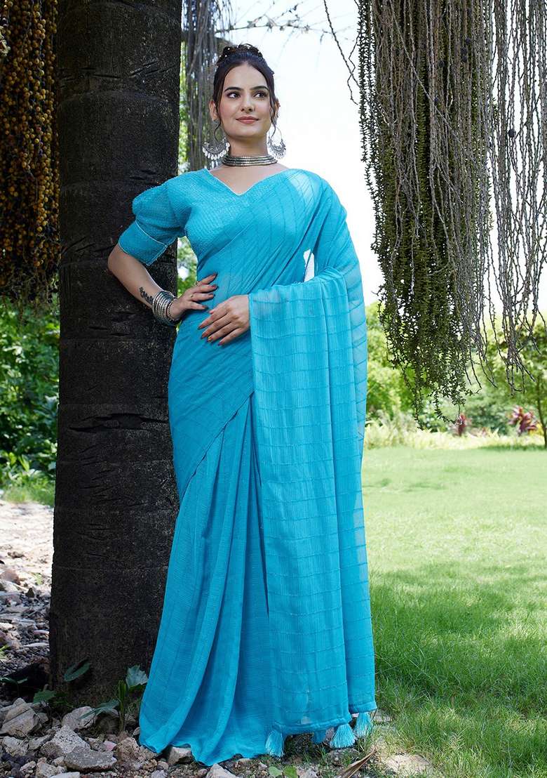 Sky Embroidered Chiffon Saree Set - Indya