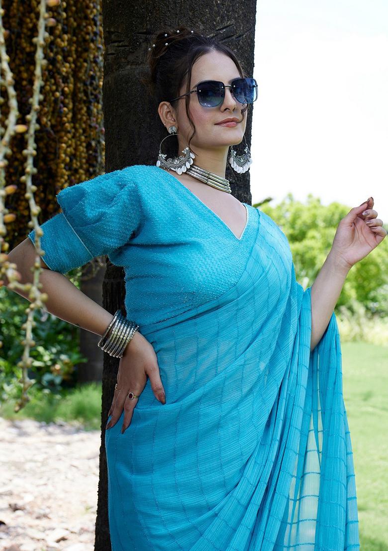 Sky Embroidered Chiffon Saree Set