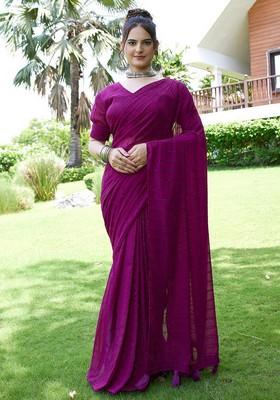 Wine Embroidered Chiffon Saree Set