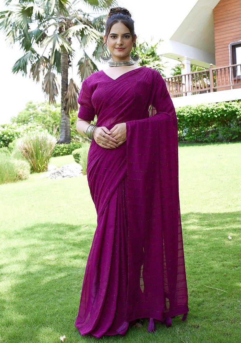 Wine Embroidered Chiffon Saree Set