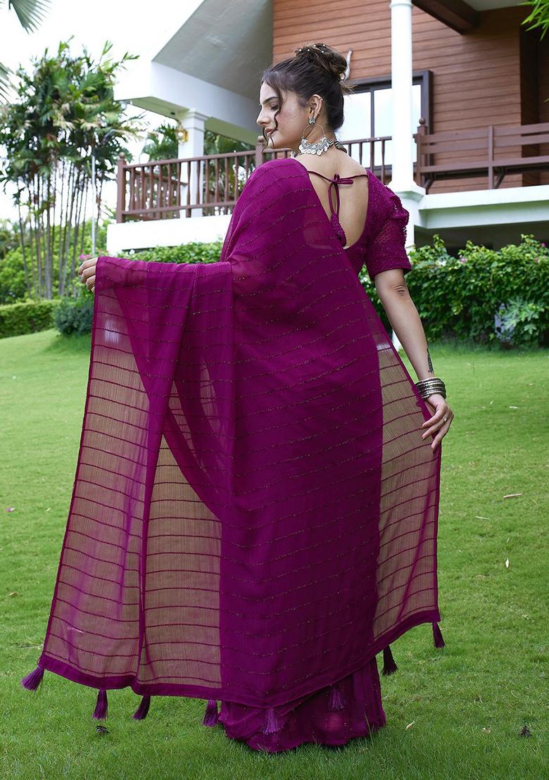 Wine Embroidered Chiffon Saree Set