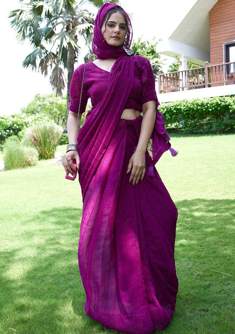 Wine Embroidered Chiffon Saree Set