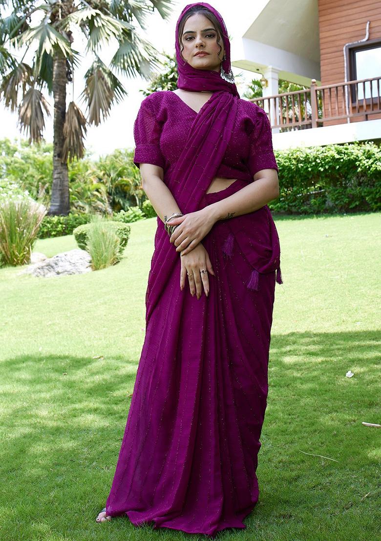Wine Embroidered Chiffon Saree Set