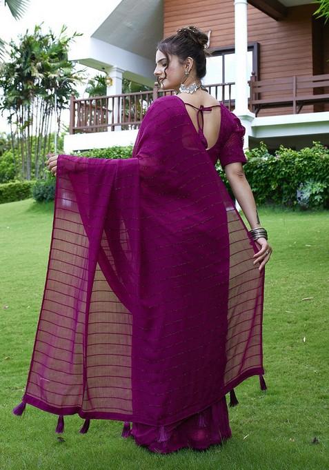 Wine Embroidered Chiffon Saree Set