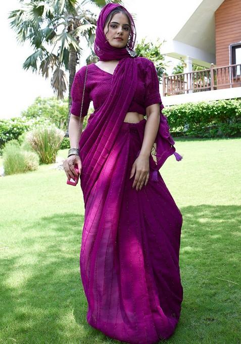 Wine Embroidered Chiffon Saree Set