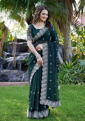 Bottlegreen Embroidered Chiffon Saree Set