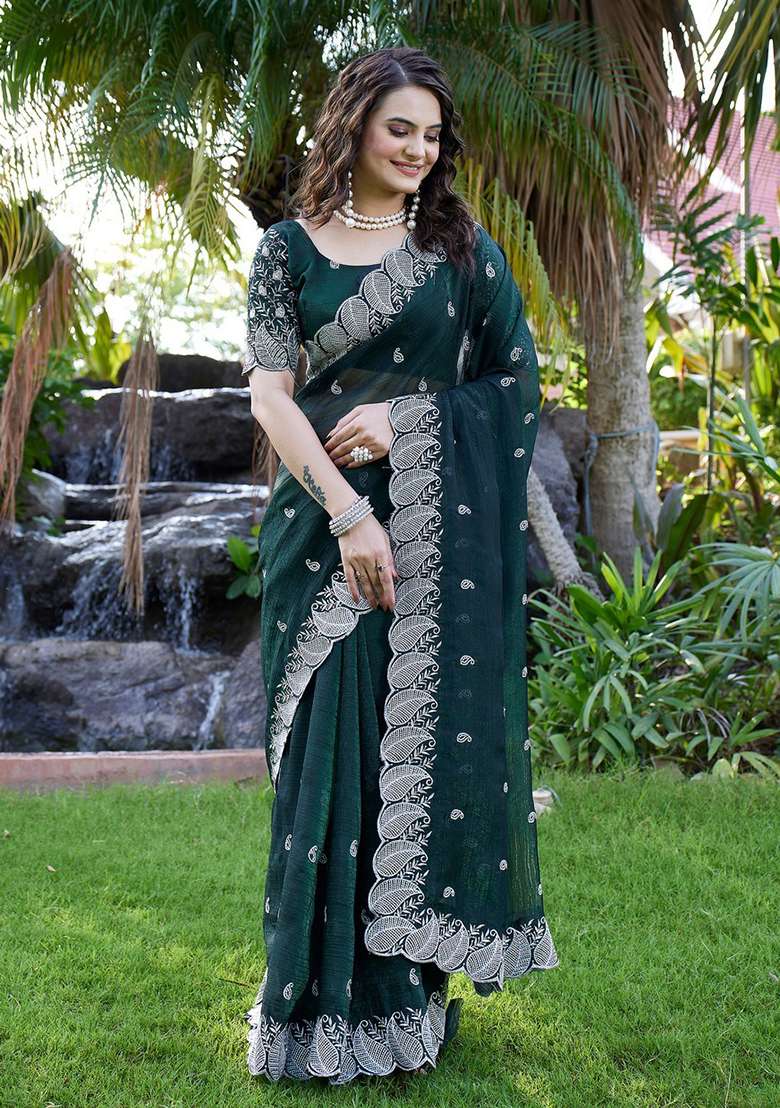 Bottlegreen Embroidered Chiffon Saree Set - Indya