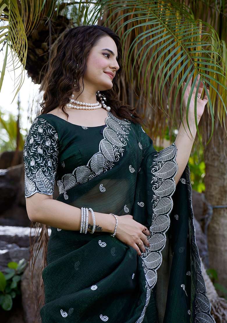 Bottlegreen Embroidered Chiffon Saree Set - Indya