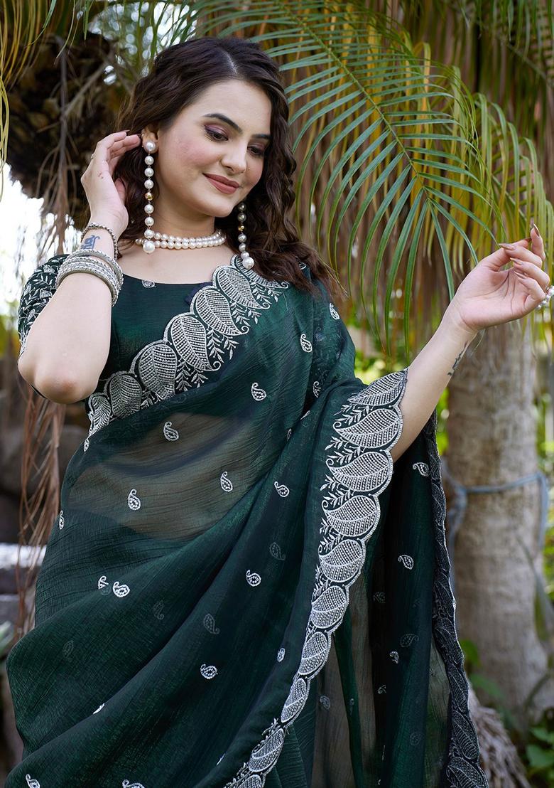 Bottlegreen Embroidered Chiffon Saree Set