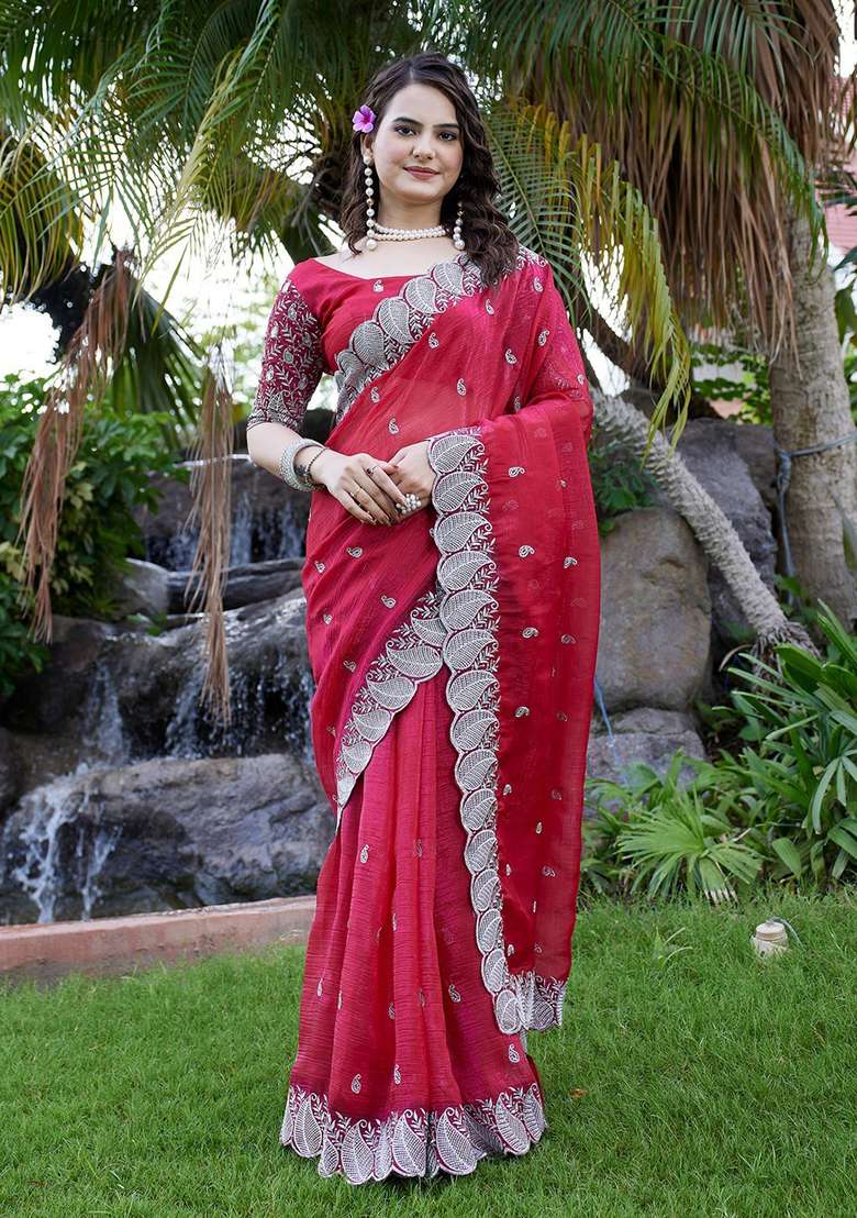 Cherry Embroidered Chiffon Saree Set - Indya