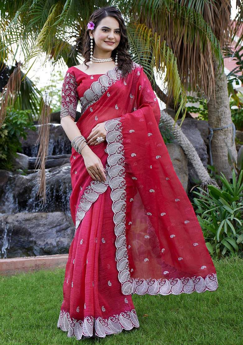 Cherry Embroidered Chiffon Saree Set - Indya