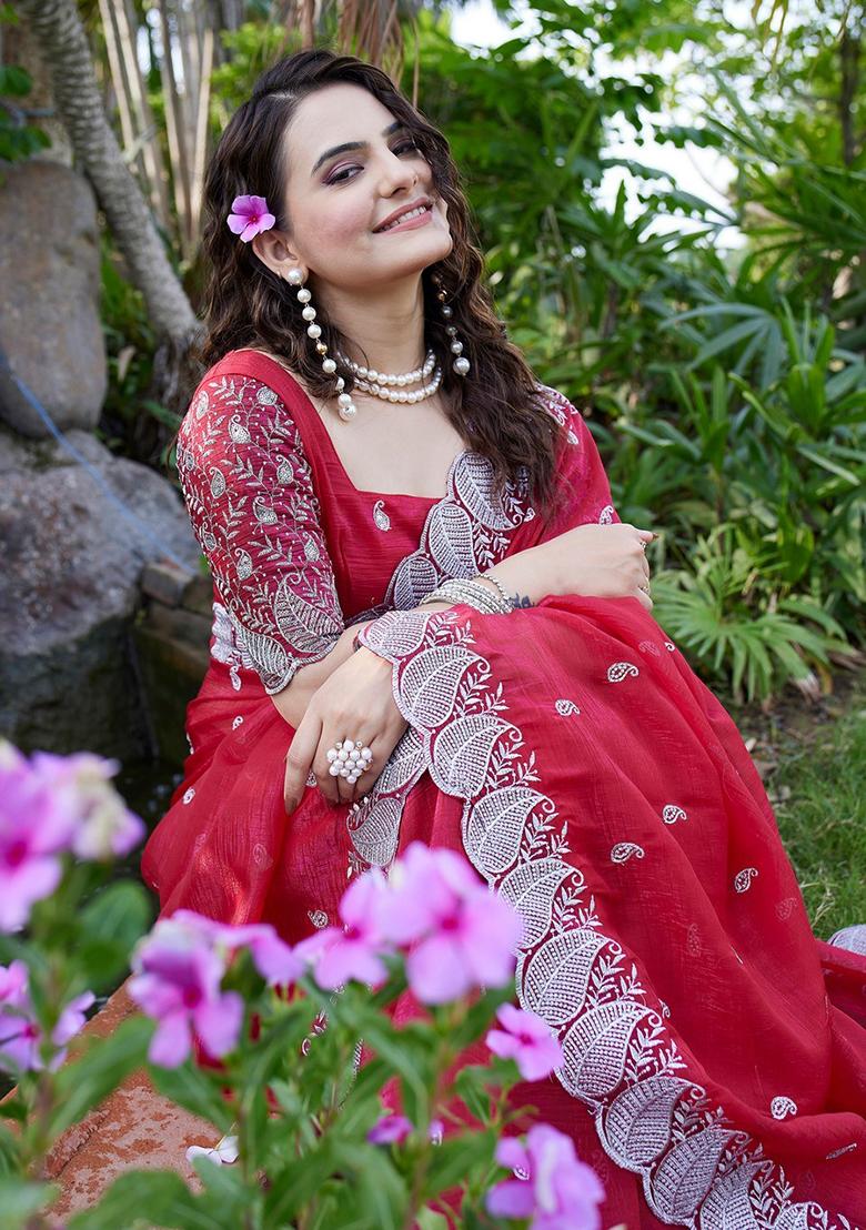 Cherry Embroidered Chiffon Saree Set