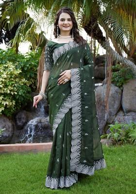 Mehandi Embroidered Chiffon Saree Set