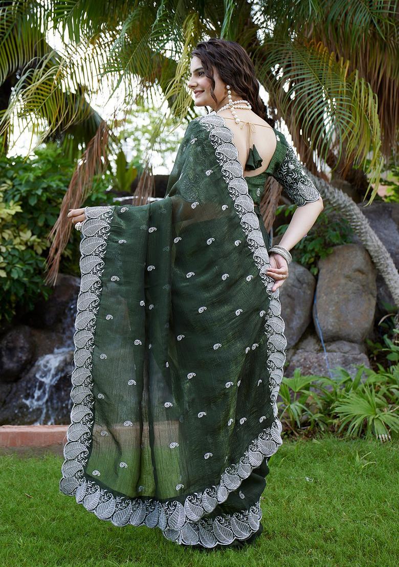 Mehandi Embroidered Chiffon Saree Set