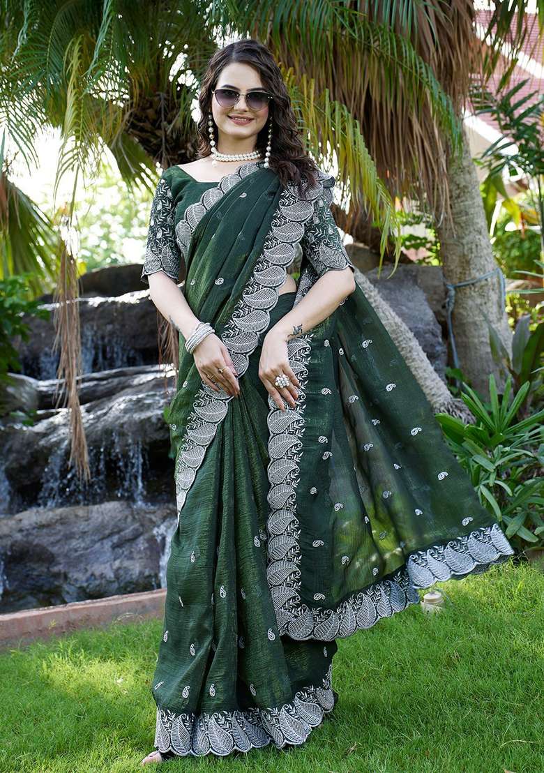Mehandi Embroidered Chiffon Saree Set - Indya