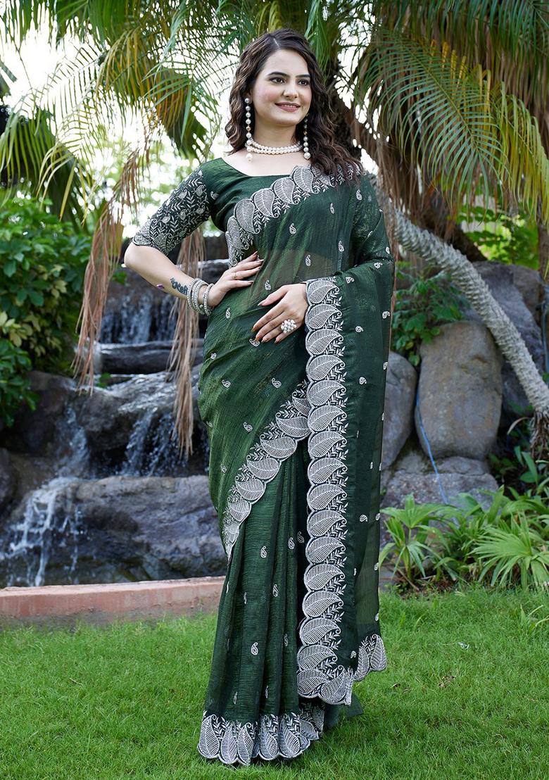 Mehandi Embroidered Chiffon Saree Set