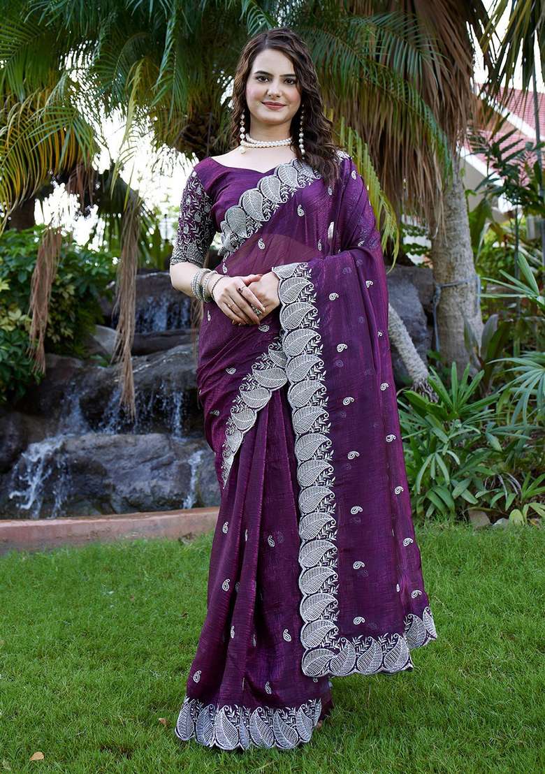 Purple Embroidered Chiffon Saree Set - Indya