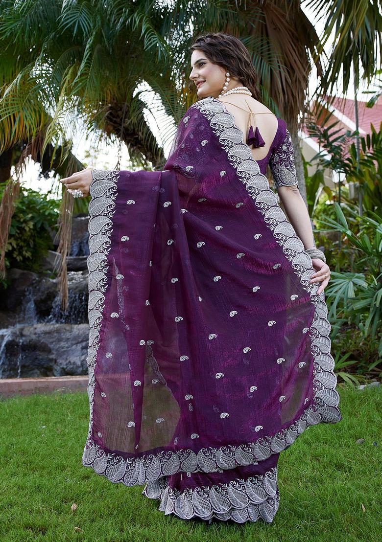 Purple Embroidered Chiffon Saree Set