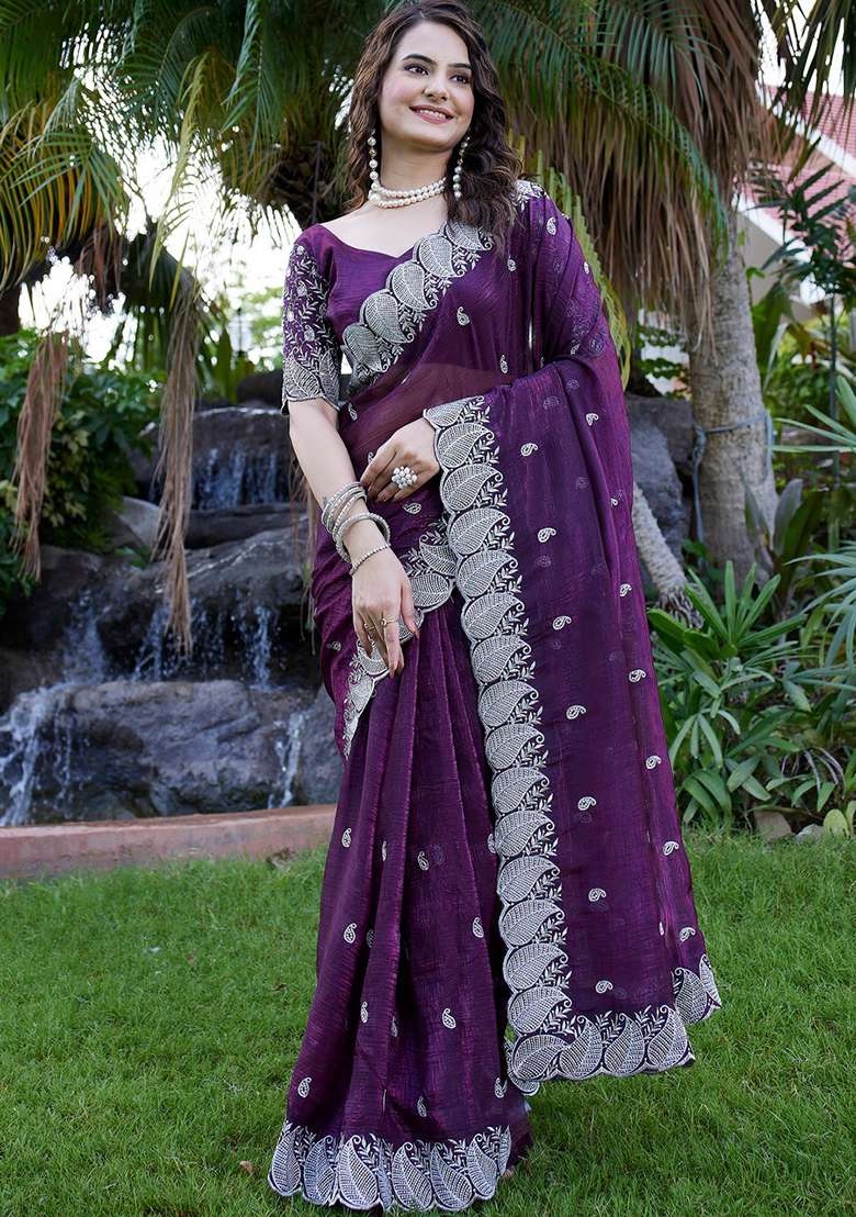 Purple Embroidered Chiffon Saree Set - Indya