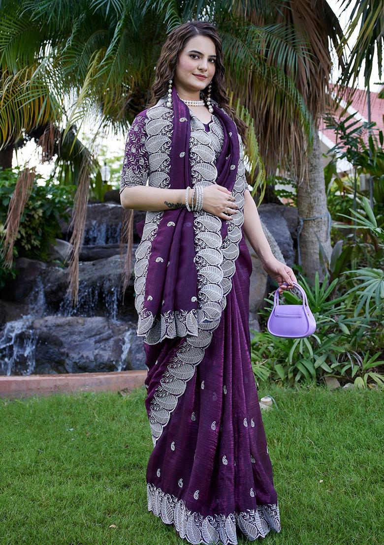 Purple Embroidered Chiffon Saree Set