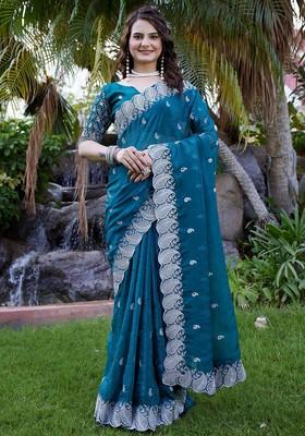 Rama Embroidered Chiffon Saree Set
