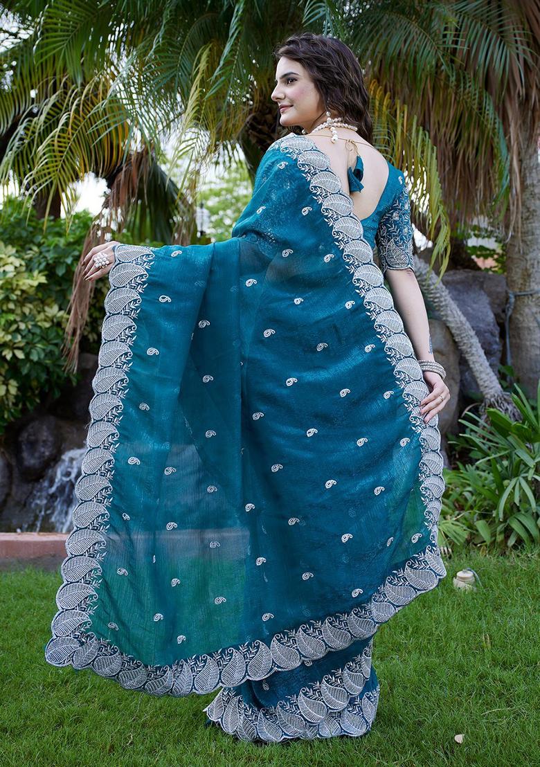 Rama Embroidered Chiffon Saree Set