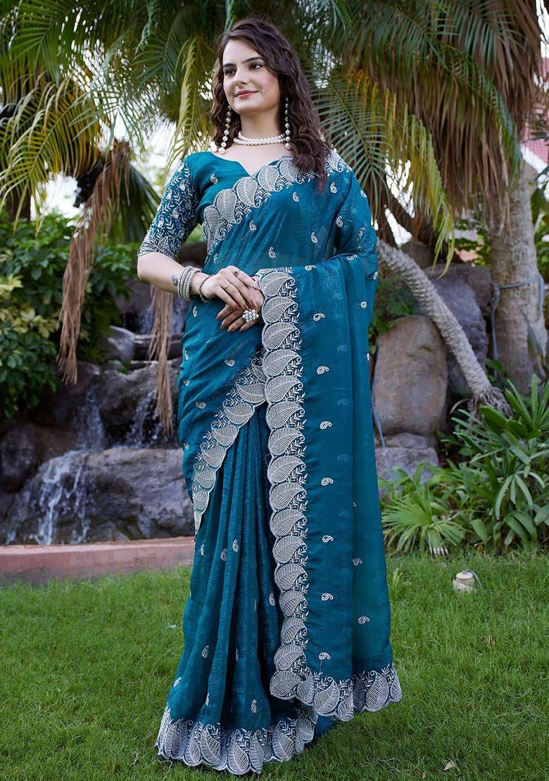 Rama Embroidered Chiffon Saree Set - Indya