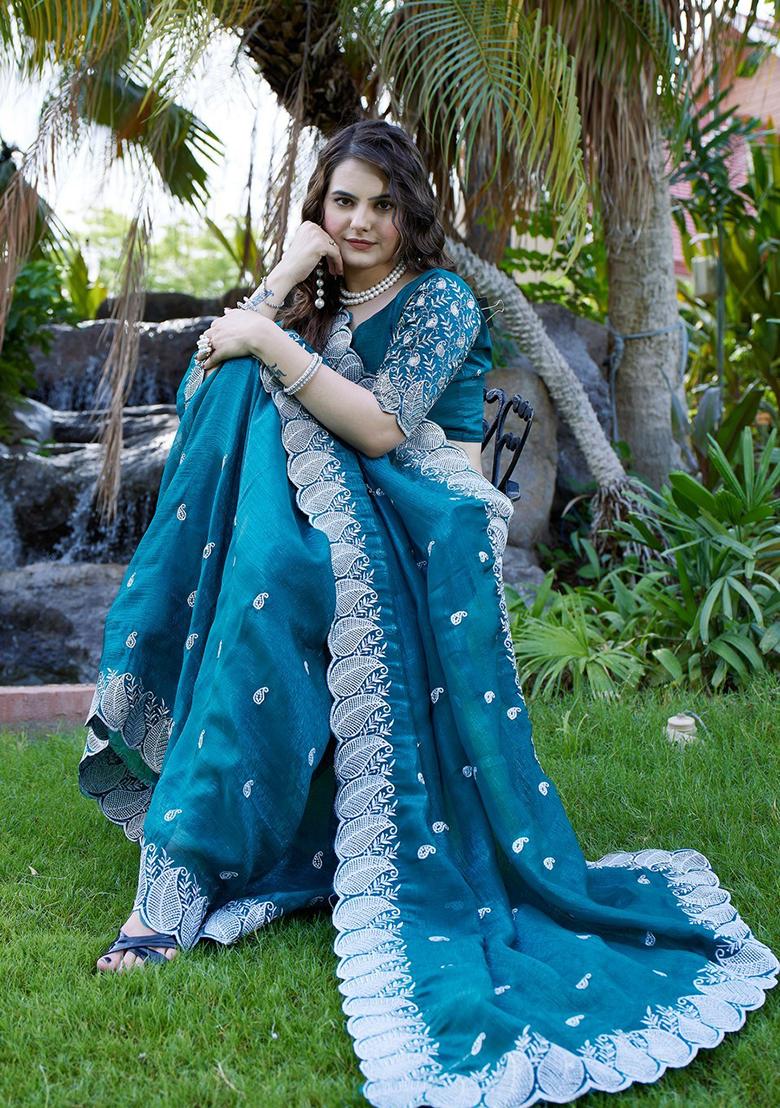 Rama Embroidered Chiffon Saree Set