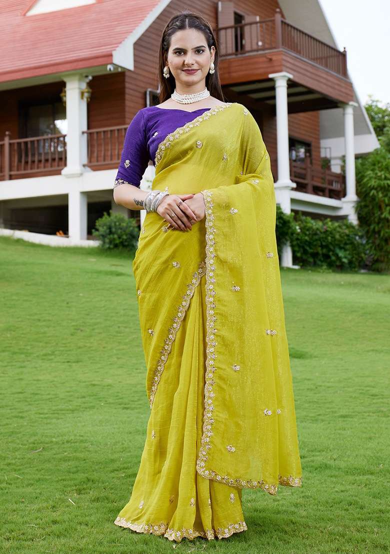 Purple Embroidered Chiffon Saree Set - Indya