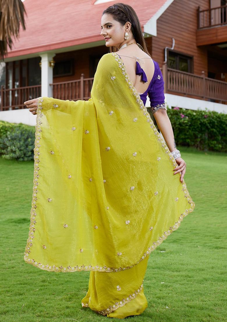 Purple Embroidered Chiffon Saree Set