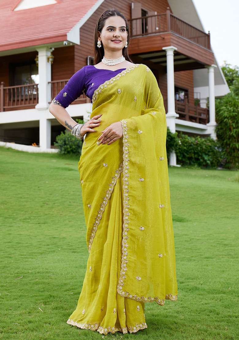 Purple Embroidered Chiffon Saree Set - Indya