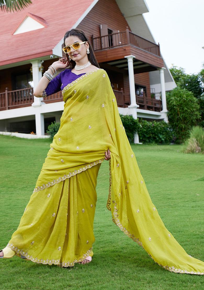 Purple Embroidered Chiffon Saree Set