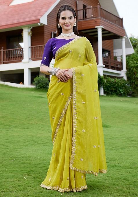 Purple Embroidered Chiffon Saree Set