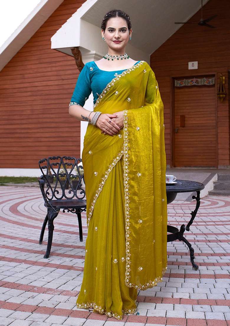 Rama Embroidered Chiffon Saree Set - Indya