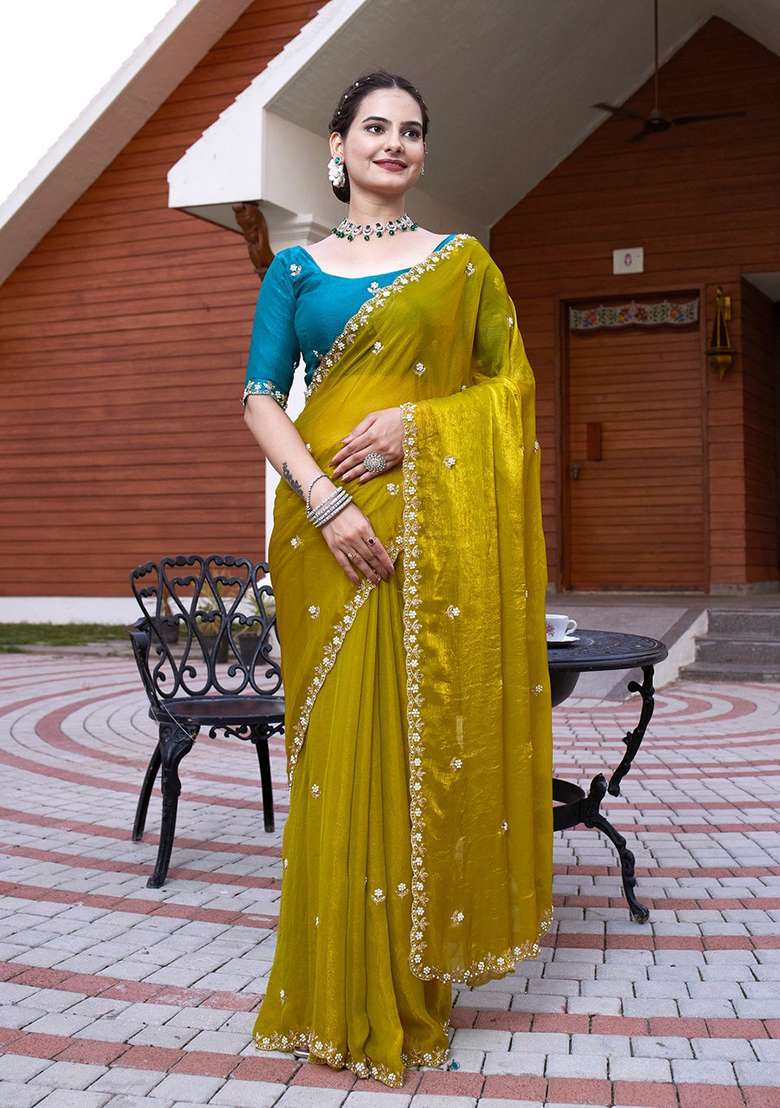 Rama Embroidered Chiffon Saree Set - Indya