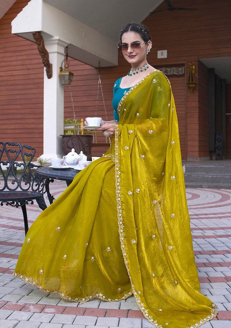 Rama Embroidered Chiffon Saree Set