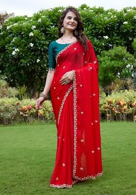 Green Embroidered Chiffon Saree Set