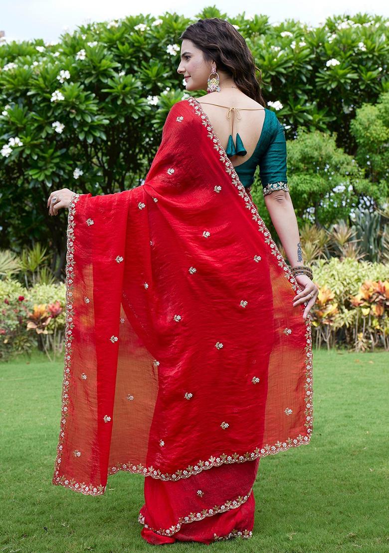 Green Embroidered Chiffon Saree Set