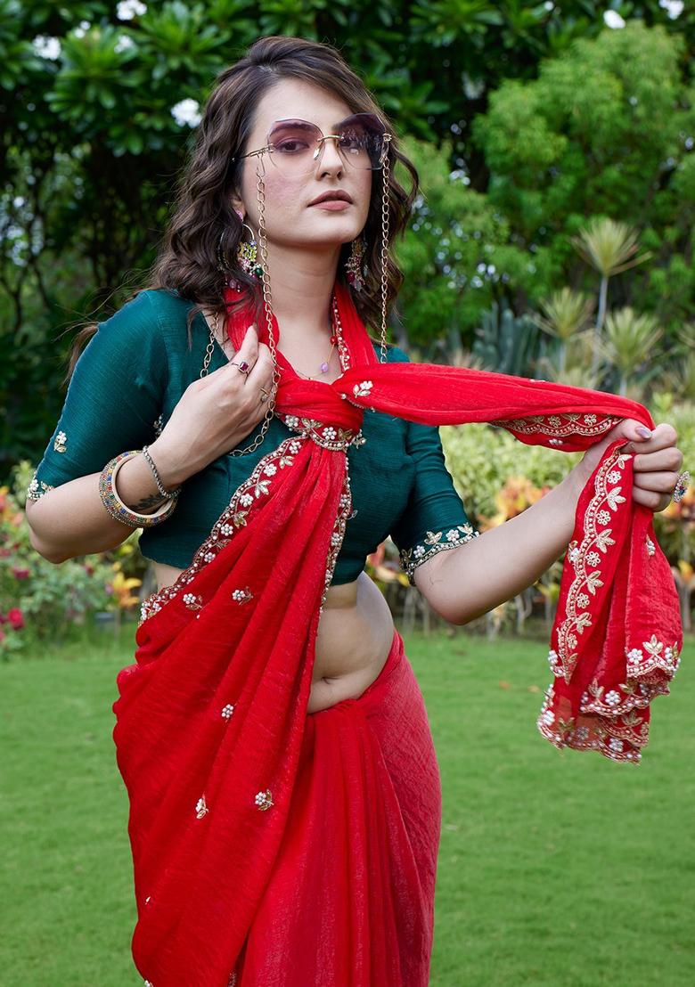 Green Embroidered Chiffon Saree Set