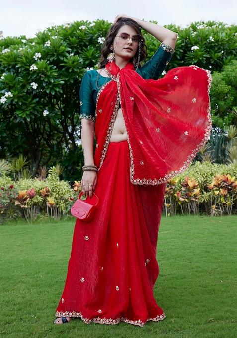 Green Embroidered Chiffon Saree Set